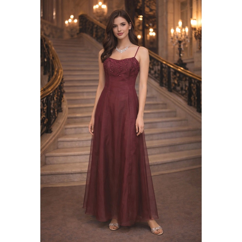 MORI LEE VTG 90s NWT Embroidered Chiffon Overlay Formal Gown Dress Merlot 13/14